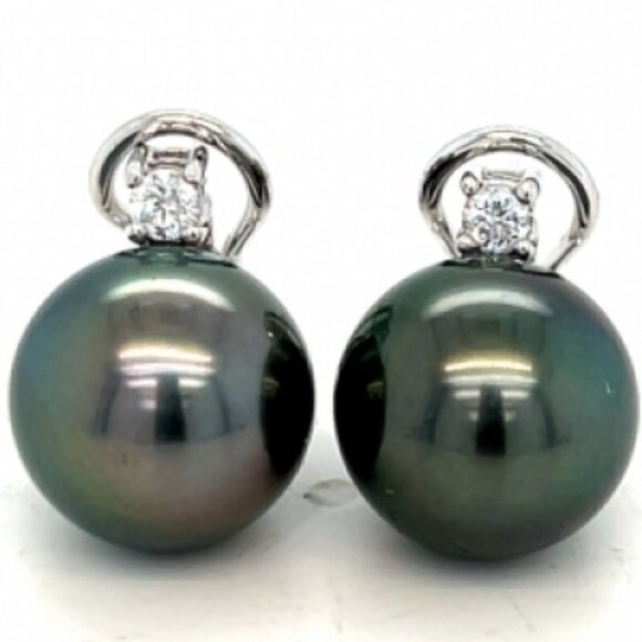 14k White Gold Black Pearl & Diamond Earrings - Picture 1 of 4